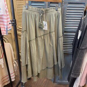 Easel Dusty Sage Cotton Voile Woven Asymmetrical Maxi Skirt